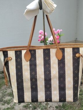 Designer Inspired Neverfull GM Size Striped Monogram Tote in Brown & Cream